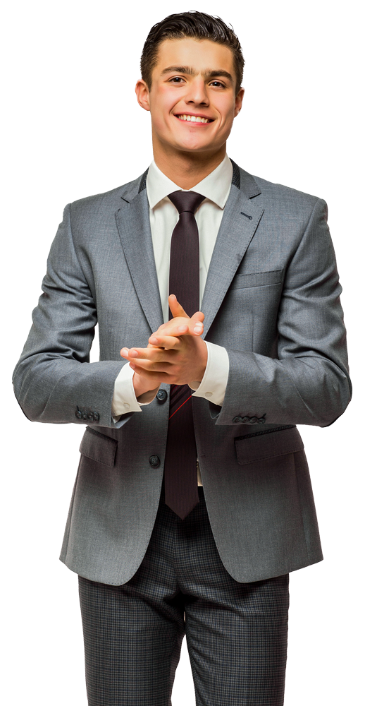 happy-business-man-wearing-grey-suit-standing-isolated-white-wall